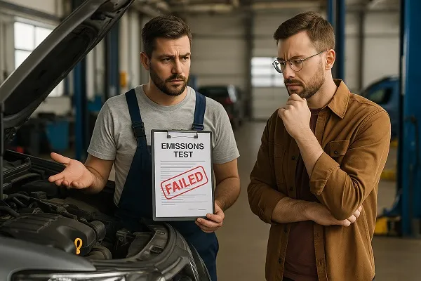 Mechanic showing a failed emissions test report to a car owner inside an auto shop.
