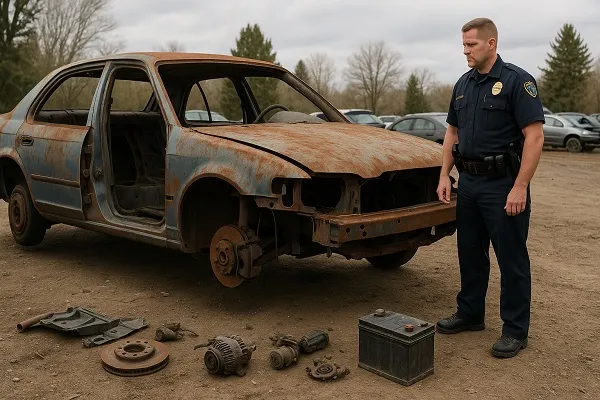 Police officer inspecting an illegally stripped junk car in a Colorado junkyard.
