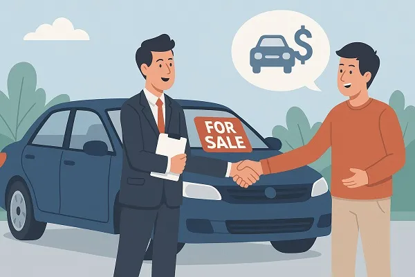 A seller hands car keys to a smiling buyer while shaking hands beside a car with a “For Sale” sign.