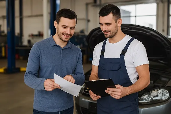 Car owner and mechanic reviewing emissions paperwork inside a testing garage in Colorado.