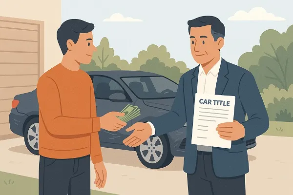 Buyer handing cash to a seller holding a car title, completing a safe payment and ownership transfer beside a parked vehicle.