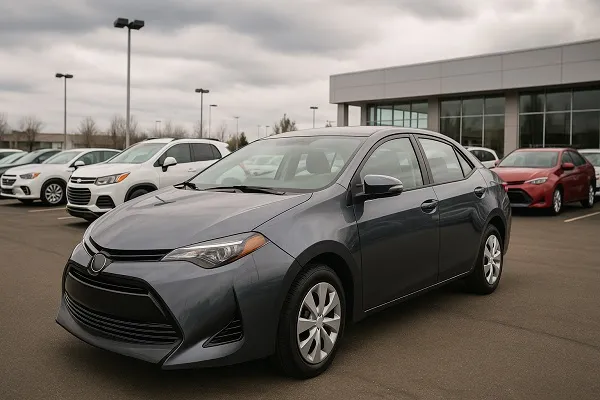 A wide image of a clean gray sedan parked on a dealership lot in Arvada, Colorado, with other cars in the background.