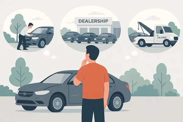 Ilustration of a car owner standing beside a damaged car, imagining three selling options: a private buyer, a dealership, and a salvage tow truck.