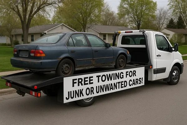 Tow truck hauling an old junk car with a “Free Towing for Junk or Unwanted Cars!” sign in a suburban neighborhood.
