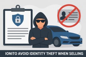 Illustration symbolizing how to avoid identity theft when selling a car, featuring a hooded figure, security icons, and a car.
