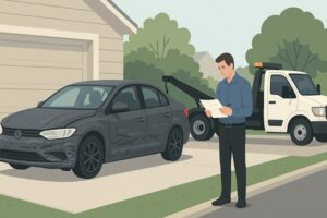 Wide illustration of a dented dark gray sedan parked in a driveway while a man reviews paperwork and a tow truck waits behind the vehicle.