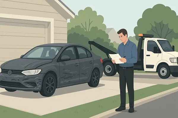 Wide illustration of a dented dark gray sedan parked in a driveway while a man reviews paperwork and a tow truck waits behind the vehicle.