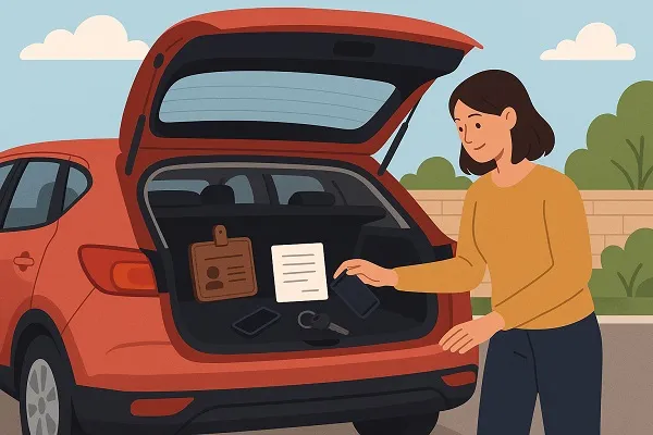 Woman removing personal belongings from a car trunk before selling it.
