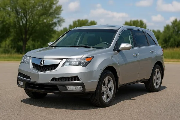 Silver Acura SUV parked on clean pavement with trees and a blue sky in the background.