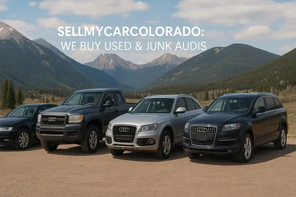 SellMyCarColorado buying used and junk Audi vehicles parked in front of Colorado mountains.