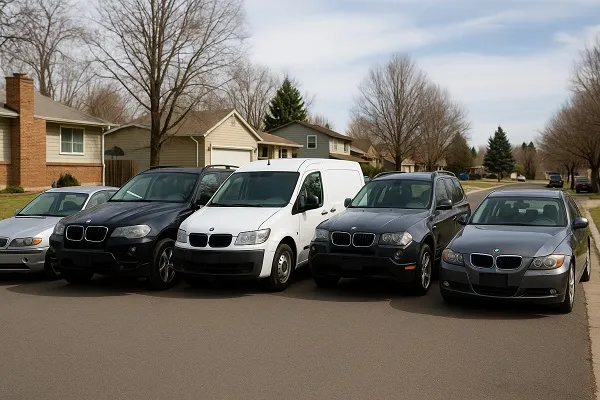 Used BMW cars, SUVs, and a van parked in a Colorado residential neighborhood.