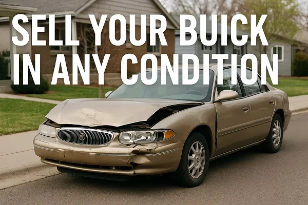 Damaged gold Buick with text Sell Your Buick in Any Condition in a Colorado neighborhood.