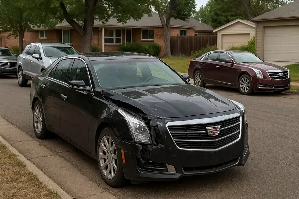 Used and damaged Cadillac vehicles parked in a Colorado residential neighborhood.