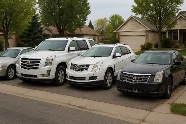 SellMyCarColorado buys used and junk Cadillac vehicles parked in a residential Colorado neighborhood.