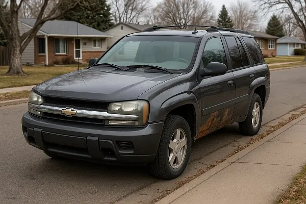 Used Chevrolet SUV with rust parked in a Colorado neighborhood.