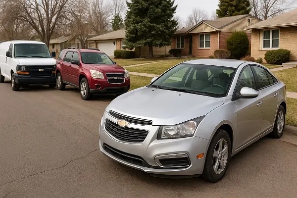 SellMyCarColorado buys used and junk Chevrolet vehicles parked in a Colorado neighborhood.