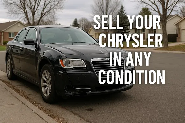 A worn Chrysler sedan with dents and scratches parked on a street in Colorado. SellMyCarColorado buys used and junk Chryslers.