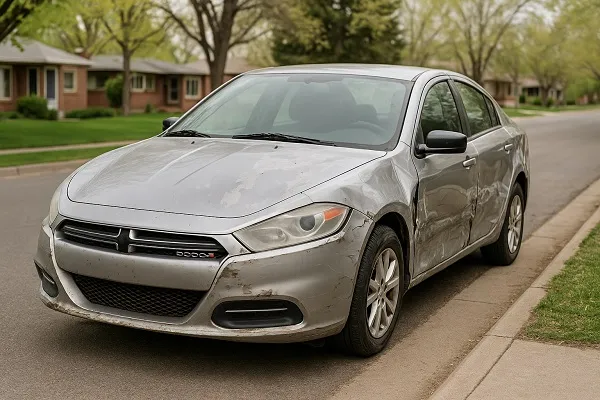 Used Dodge sedan with dents and scratches parked on a Colorado residential street.