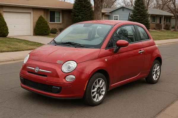 Used Fiat 500 with faded paint parked on a street in Colorado.