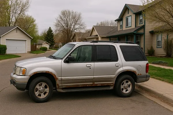 Used Ford Explorer with rust parked on a Colorado street.