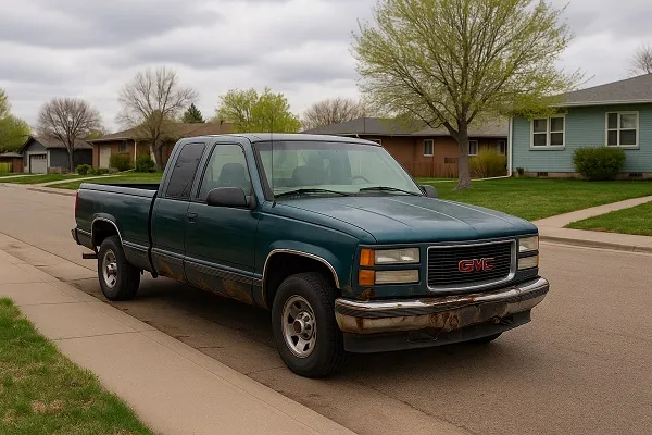 Used GMC pickup with rust parked on a Colorado street. SellMyCarColorado buys used and junk GMC vehicles.