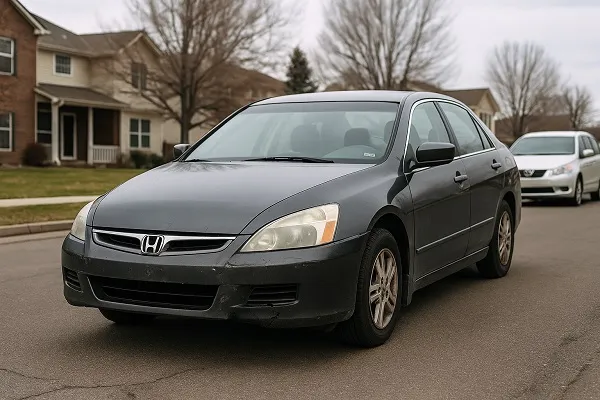 A damaged Honda sedan with faded paint and dents parked on a street in Colorado. SellMyCarColorado buys used and junk Hondas.