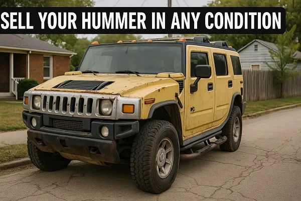 Wide image of a worn yellow Hummer parked on a street, showing visible rust and dents, with a bold headline stating that it can be sold in any condition.