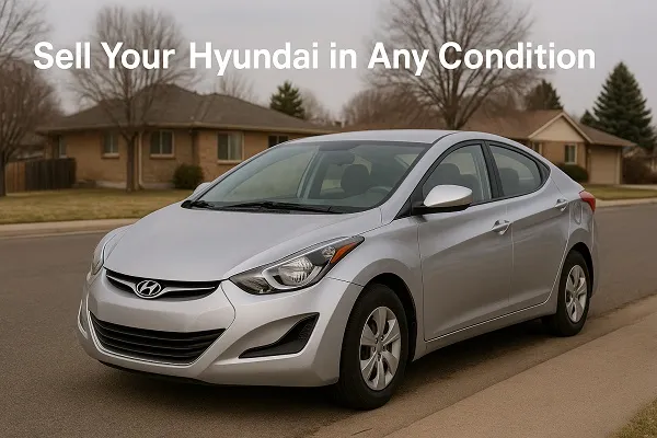 Wide image of a Hyundai vehicle parked in a Colorado residential setting representing how SellMyCarColorado buys Hyundai cars in any condition.