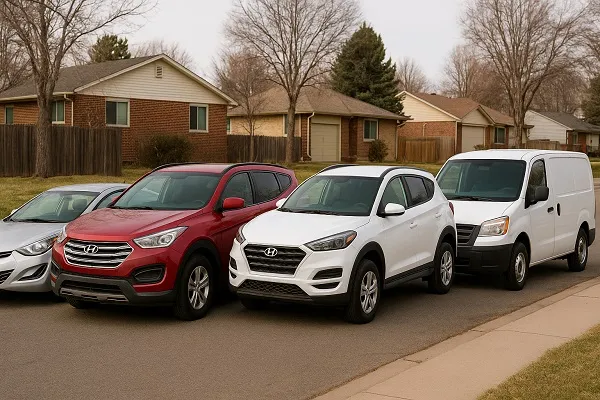 Wide image of several Hyundai vehicles including a sedan SUV and van parked with space between them in a Colorado residential area for SellMyCarColorado describing how we buy used and junk Hyundai models
