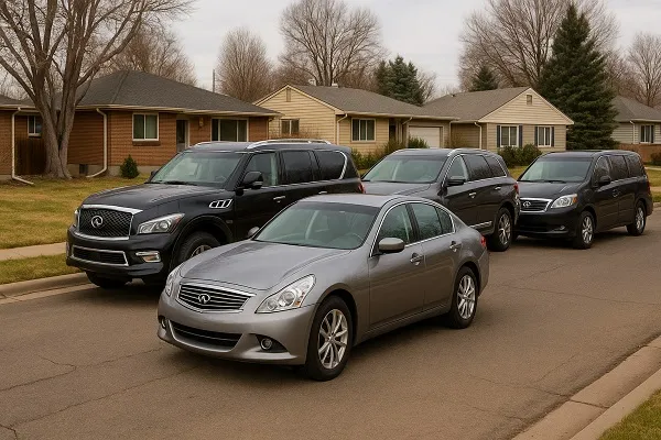 Image of several Infiniti vehicles parked in a Colorado residential setting representing how SellMyCarColorado buys used and junk Infiniti models.