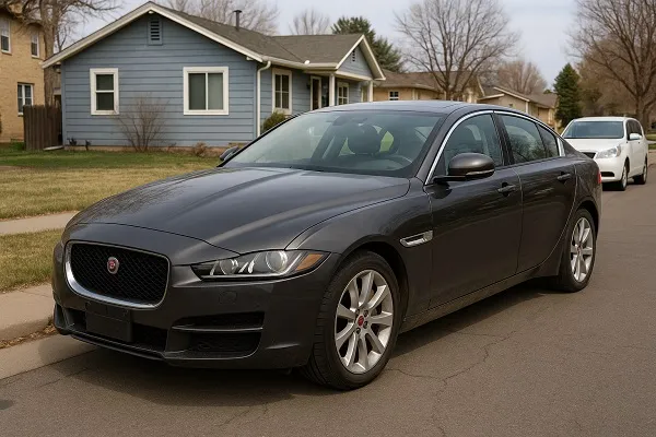 Image of a Jaguar vehicle in a Colorado residential setting representing how SellMyCarColorado buys used and junk Jaguar models