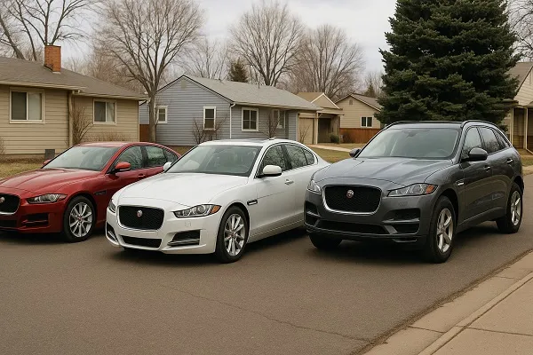 Image of several Jaguar vehicles parked in a Colorado residential setting representing how SellMyCarColorado buys used and junk Jaguar models.