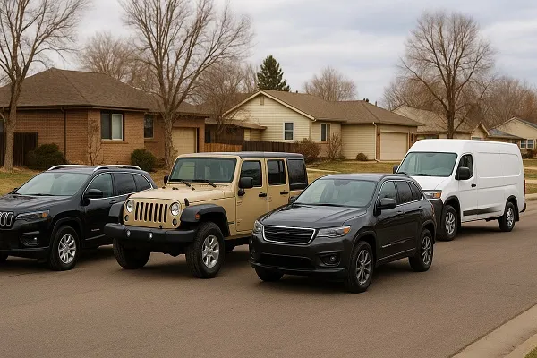 Image of several Jeep vehicles parked in a Colorado residential setting representing how SellMyCarColorado buys used and junk Jeep models.