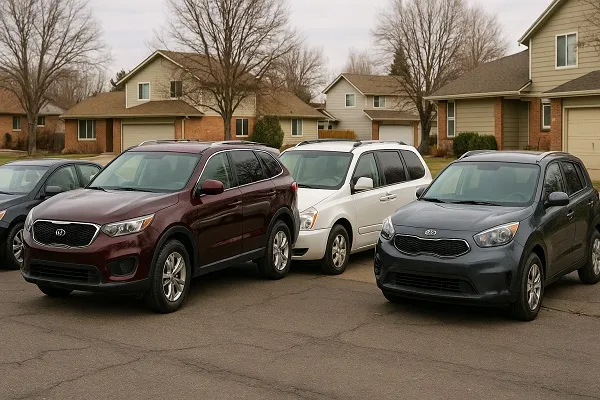 Image of several Kia vehicles parked in a Colorado residential setting representing how SellMyCarColorado buys used and junk Kia models
