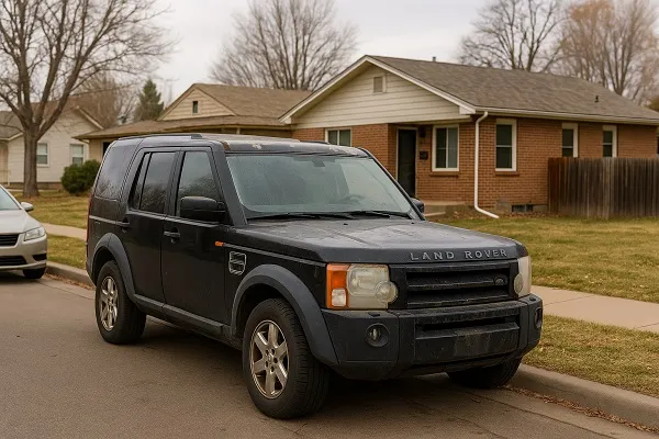 Image of a Land Rover in a Colorado residential setting representing how SellMyCarColorado buys used and junk Land Rover models in any condition