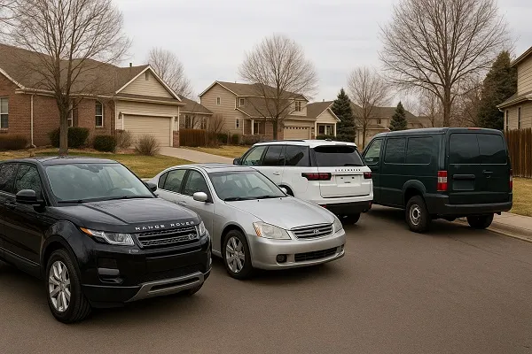 Image of several Land Rover vehicles parked in a Colorado residential setting representing how SellMyCarColorado buys used and junk Land Rover models