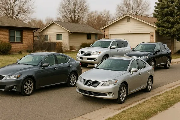 Image of several Lexus vehicles parked in a Colorado residential setting representing how SellMyCarColorado buys used and junk Lexus models