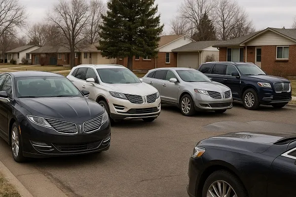 Image of several Lincoln vehicles parked in a Colorado residential setting representing how SellMyCarColorado buys used and junk Lincoln models