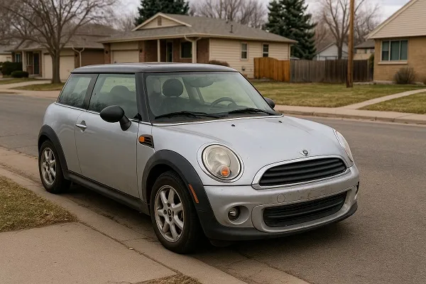 Image of a Mini parked in a Colorado residential area representing how SellMyCarColorado buys used and junk Mini vehicles in any condition