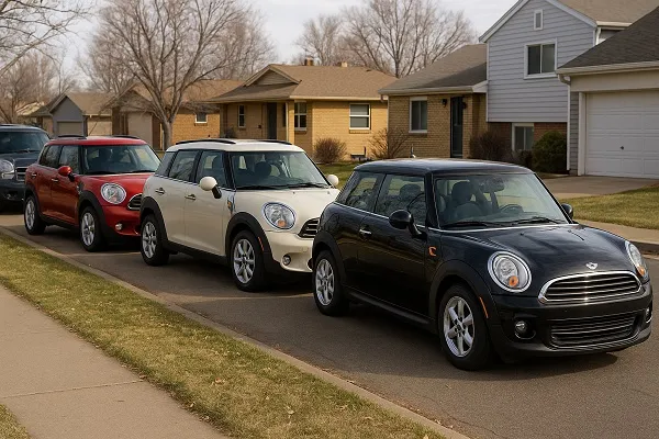 Image of several Mini vehicles parked along a residential street in Colorado showing how SellMyCarColorado buys used and junk Mini models