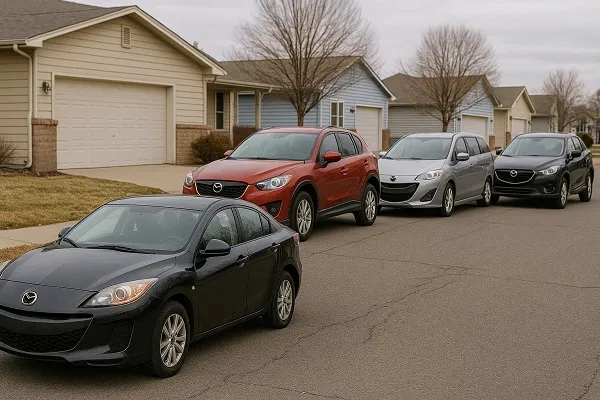 Image of several Mazda vehicles parked in a Colorado residential setting representing how SellMyCarColorado buys used and junk Mazda models