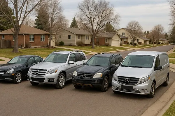 Image showing several Mercedes-Benz vehicles parked with space between them in a Colorado residential area for SellMyCarColorado highlighting that we buy used and junk Mercedes-Benz models.