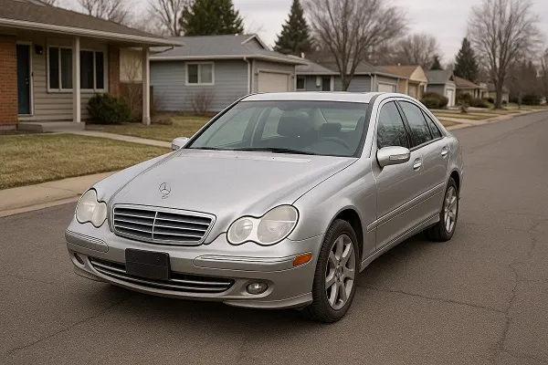 Image of a Mercedes-Benz in a Colorado residential setting representing how SellMyCarColorado buys used and junk Mercedes-Benz models in any condition.