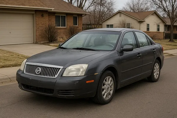 Image of an older Mercury sedan in a Colorado residential setting showing how SellMyCarColorado buys used and junk Mercury models in any condition