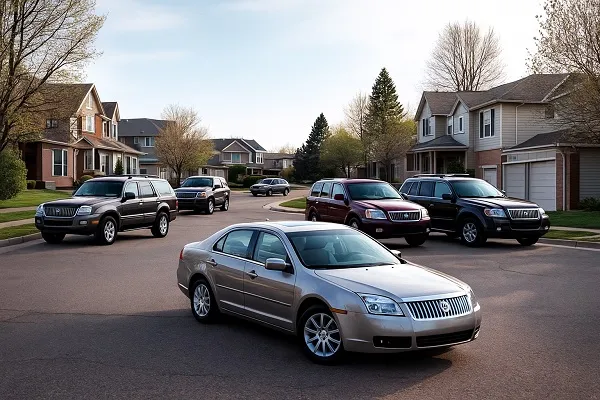 Image of several Mercury vehicles parked in a Colorado residential area showing how SellMyCarColorado buys used and junk Mercury models