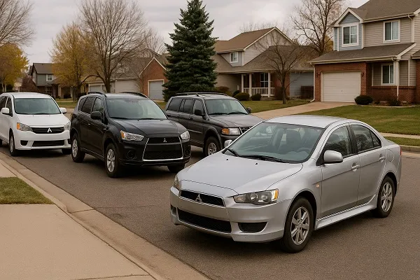Image of several Mitsubishi vehicles parked in a Colorado residential setting showing how SellMyCarColorado buys used and junk Mitsubishi models