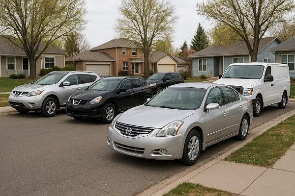 Image of several Nissan vehicles parked in a Colorado residential area representing how SellMyCarColorado buys used and junk Nissan models.