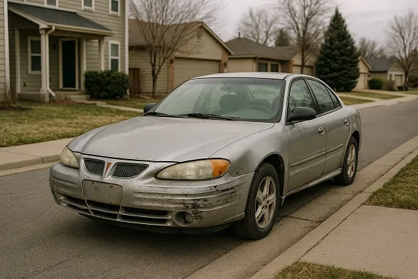 Image of a worn Pontiac sedan parked in a Colorado residential setting representing how SellMyCarColorado buys Pontiac vehicles in any condition