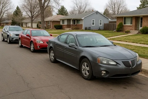 Image of several Pontiac vehicles parked in a Colorado residential area representing how SellMyCarColorado buys used and junk Pontiac models