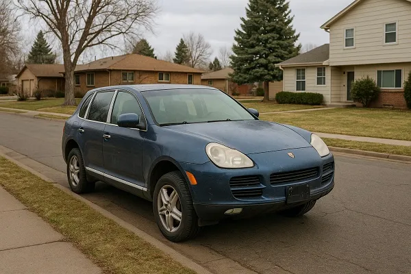 Image of a worn Porsche SUV parked in a Colorado residential area representing how SellMyCarColorado buys used and junk Porsche vehicles in any condition.